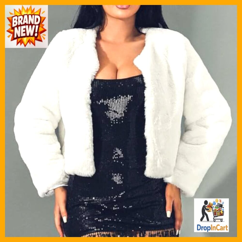 Faux Fur Cropped Jacket Long Sleeve Shaggy Fluffy Winter Coat Y2K Chic - Picture 5 of 6